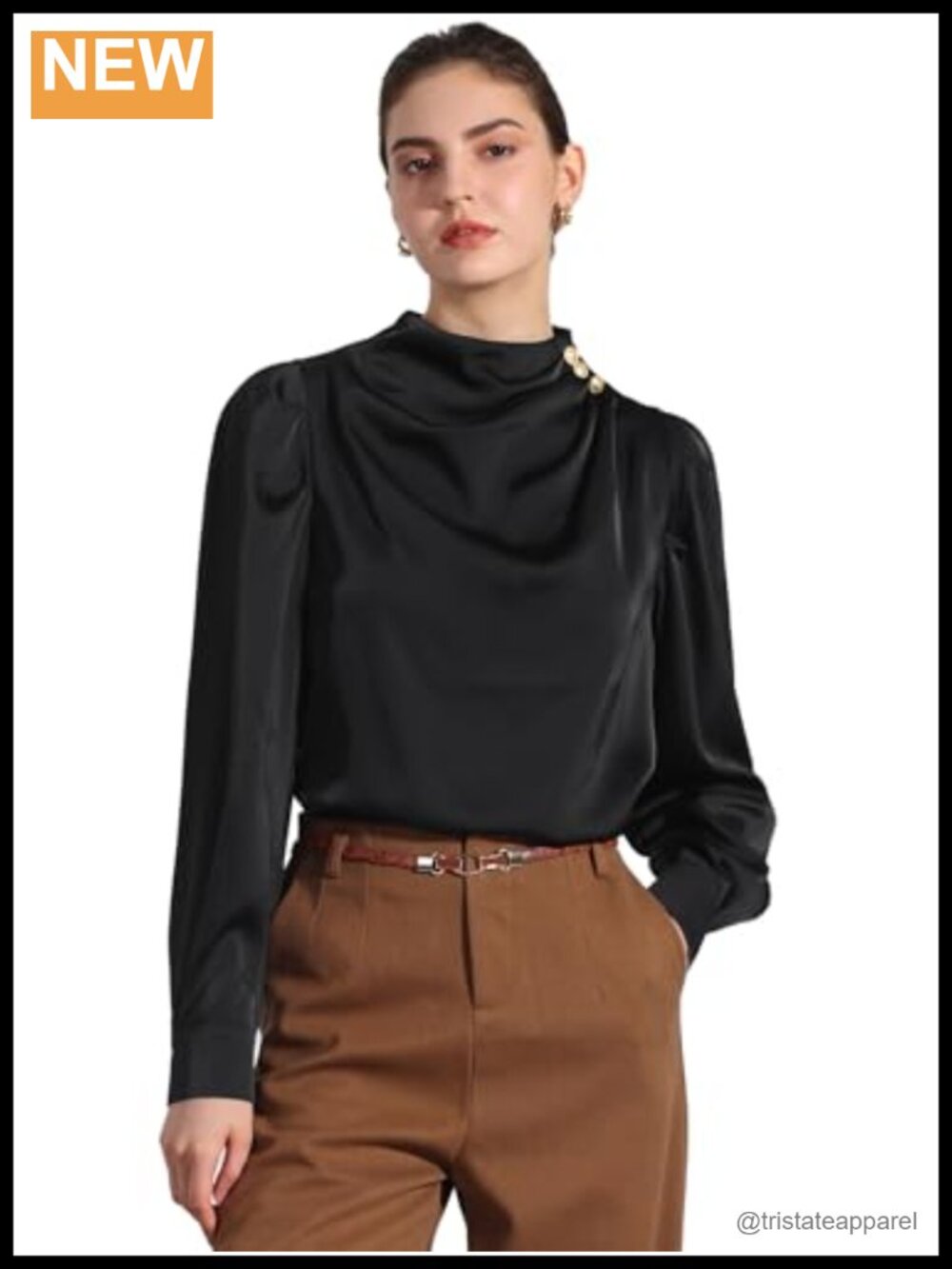 Women's Satin Pleated Mock Neck Puff Long Sleeve Blouse with Decorative Buttons